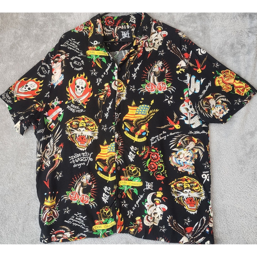 Ed Hardy Shirt Mens Large Black Tattoo Skull Flash Print Button Down Retro Top